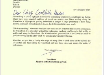 Letter to Suffolk Chief Constable Rachel Kearton about concerning scooters and bikes on the Waterfront