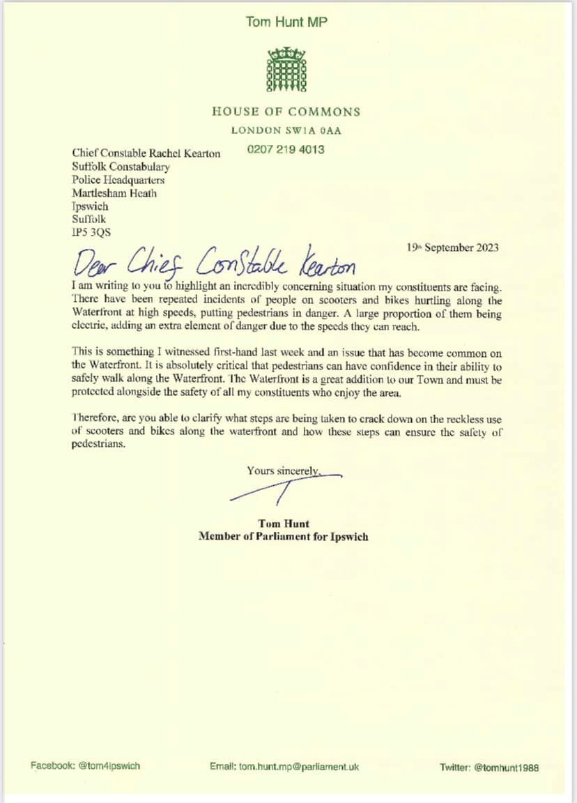 Letter to Suffolk Chief Constable Rachel Kearton about concerning scooters and bikes on the Waterfront